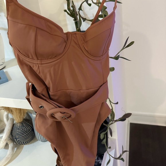 NWT Jonathan Simkhai Noa belted bustier swimsuit, XS in “Teak” - Picture 2 of 5